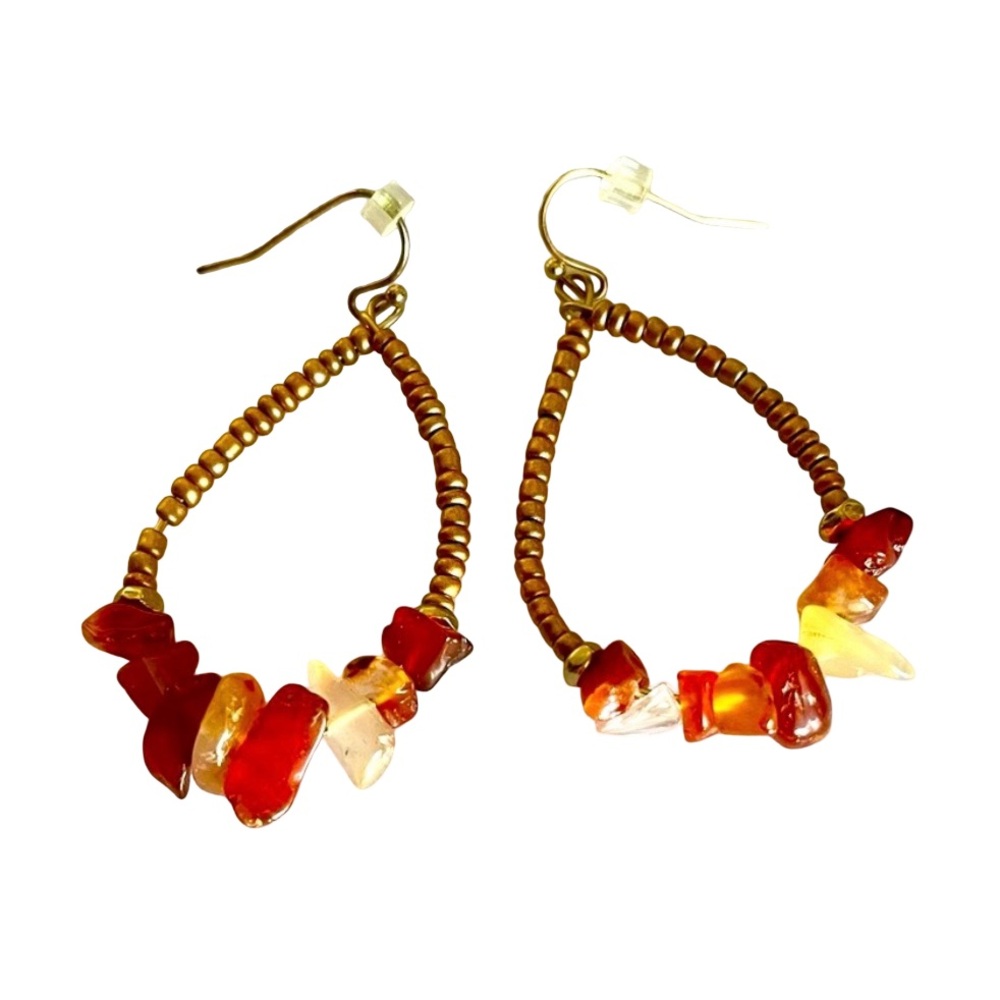 NWOT Carnelian And Glass Earrings With Gold Metal Wires - Picture 2 of 4